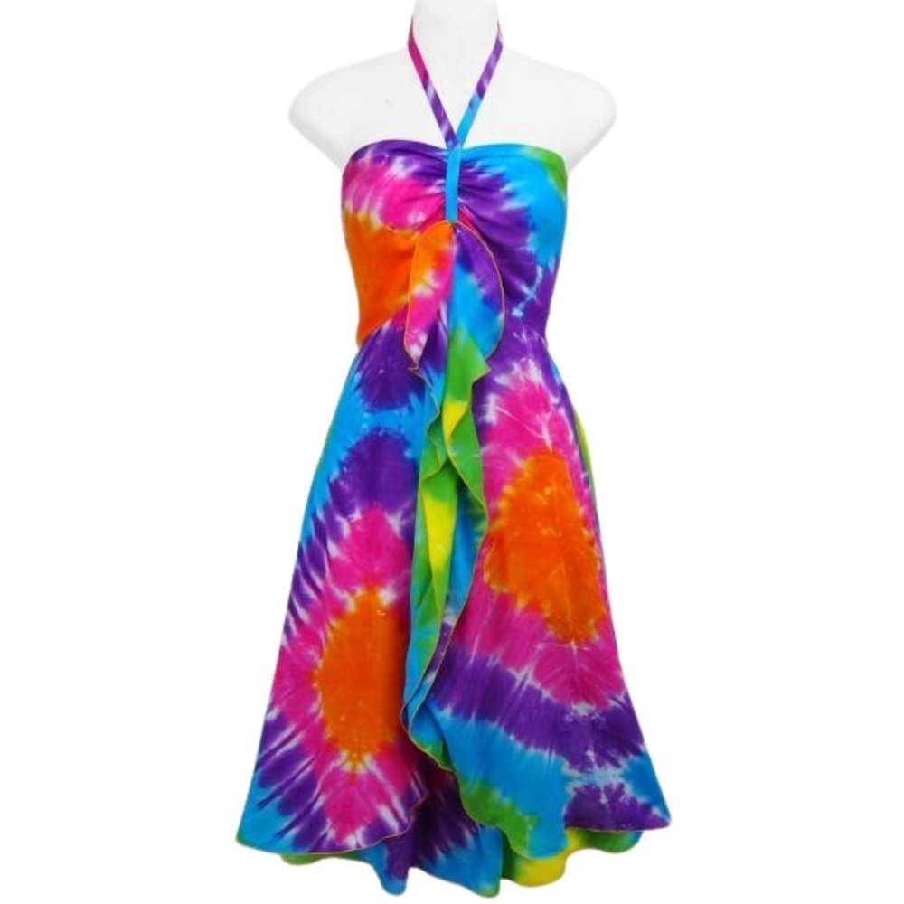 New Style Diamond Tie-Dye Front Ruffle Sarong Dress. Back Elastic Panel.